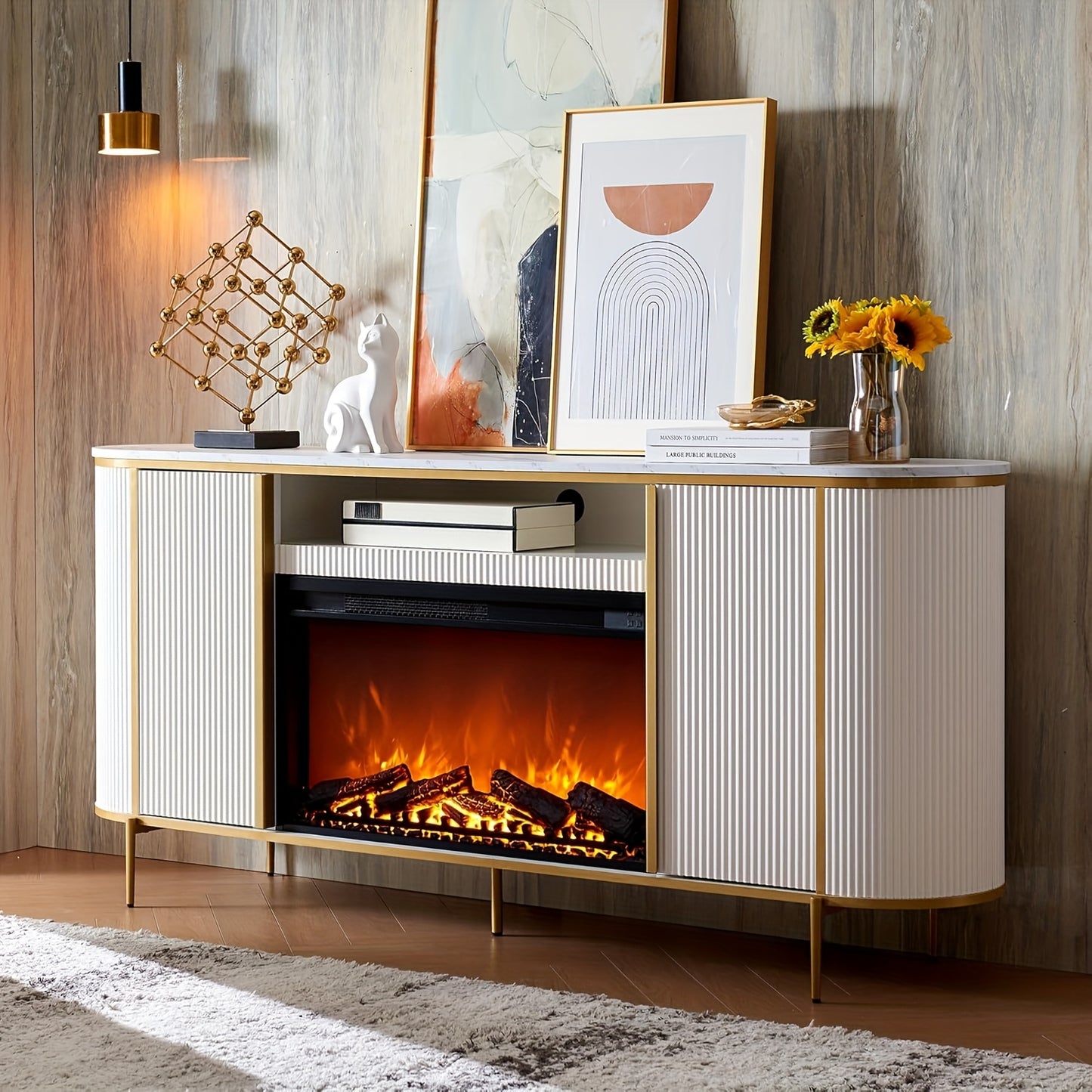 [Luxury Living] Luxury 70" Fluted Fireplace TV Stand, Modern Chic Entertainment Center for TVs Up to 80", White with Golden Accents, Faux Marble Top, Curved Design, Media Console for Living Room, Media Storage Unit | Sophisti