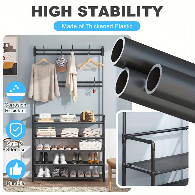 1pc 4/5 Layer 23in Carbon Steel Coat Rack, Multipurpose Coat Hanger And Shoe Shelf, Black/white, Self Assembly Required