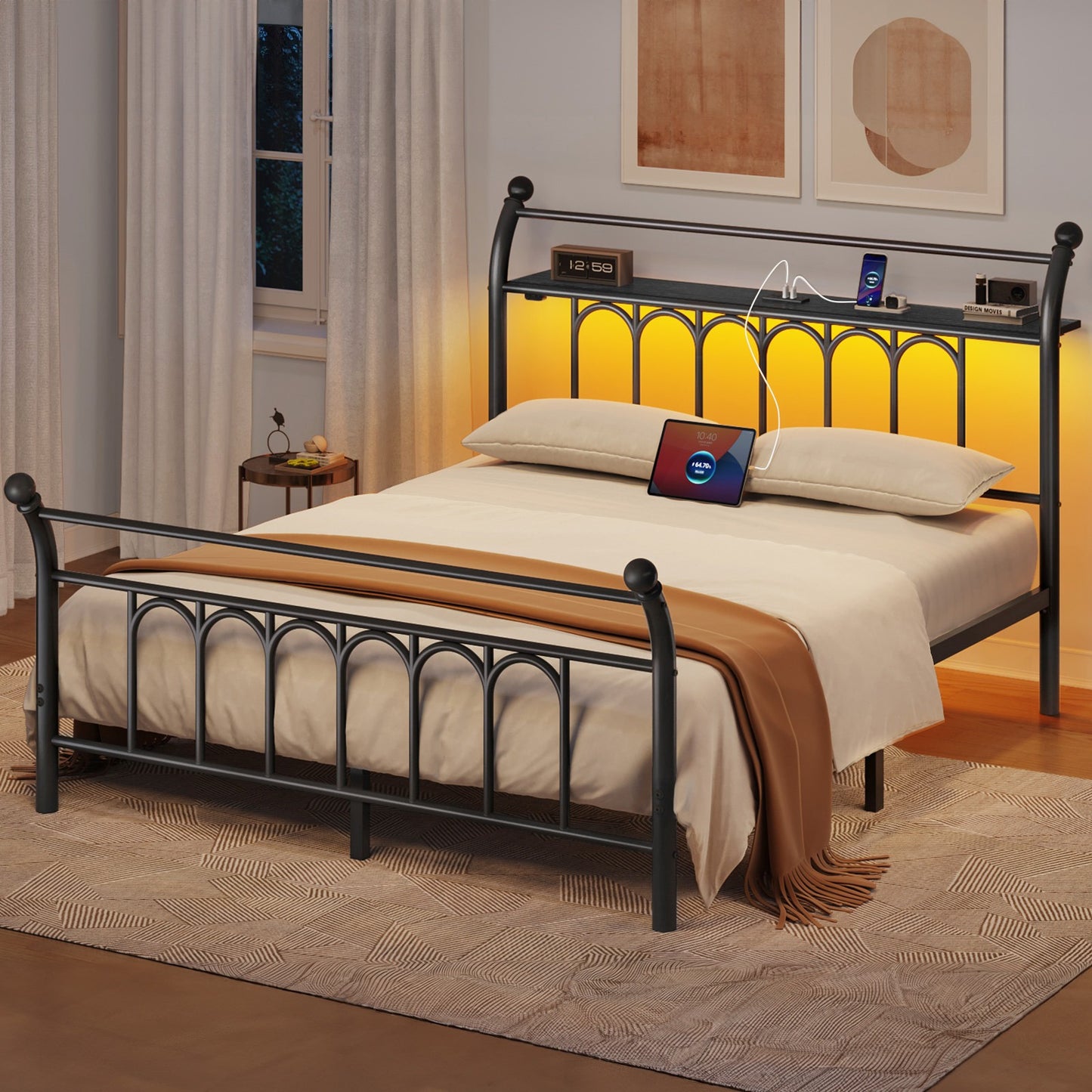 Classic Metal Platform Bed Frame with Victorian Style Iron-Art Headboard/Footboard/Under Bed Storage/No Box Spring Needed