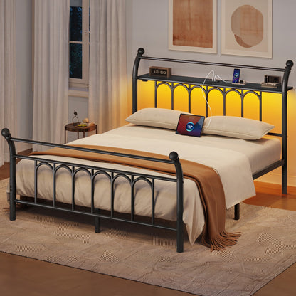 Classic Metal Platform Bed Frame with Victorian Style Iron-Art Headboard/Footboard/Under Bed Storage/No Box Spring Needed
