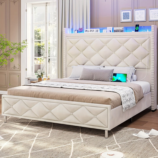 King Size Bed Frame With Tall Headboard & LED Lights Modern LED Platform Bed Frame Beige