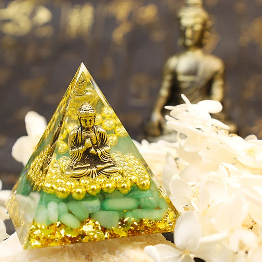 "Serenity Enhancer" 1pc Golden Beaded Buddha Orgone Pyramid With Natural Crystal Chips - Amethyst Energy Generator For Positive Vibes, Home & Yoga Decor