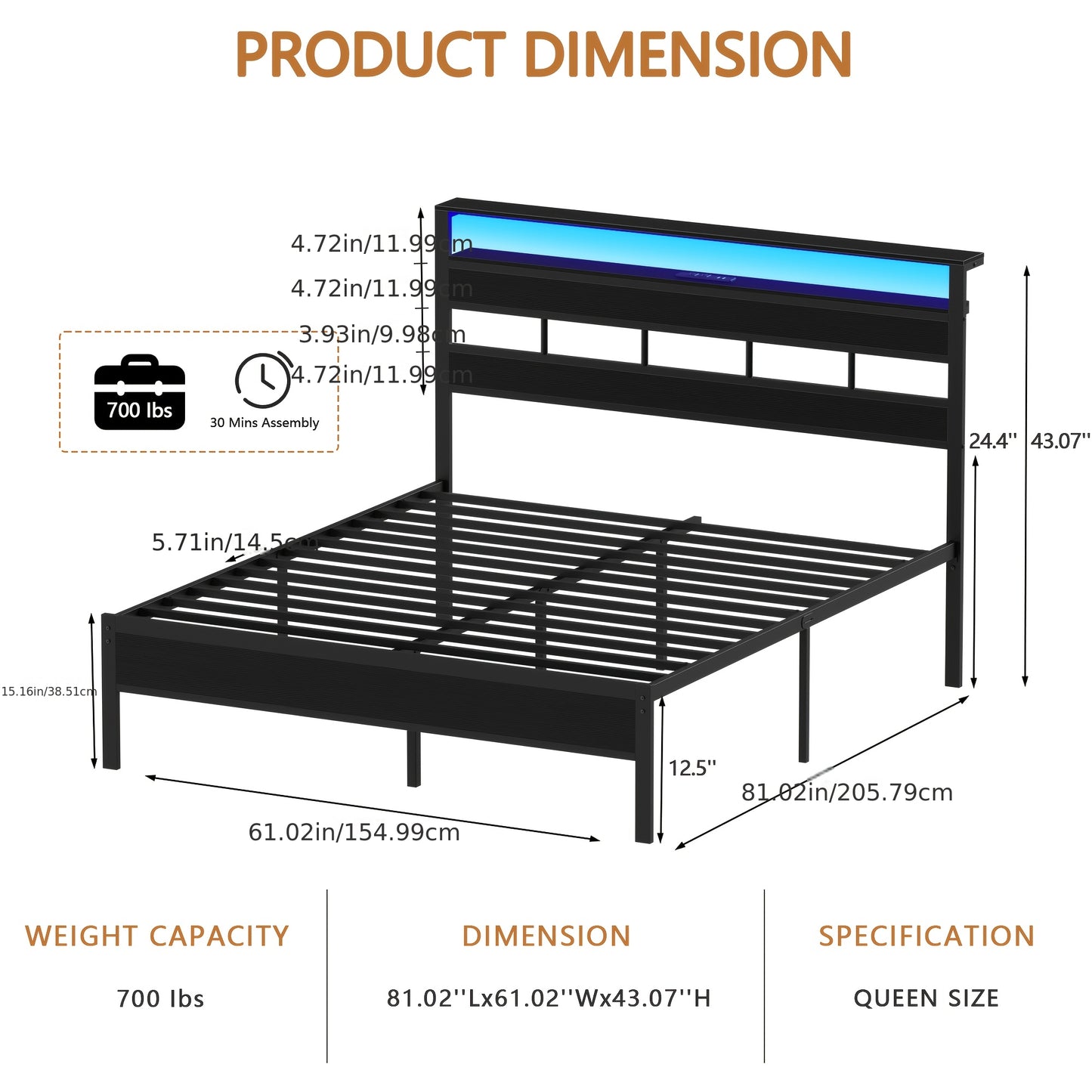 Queen Size Platform Bed Frame with RGB LED Lights, USB Charging Station & Storage Headboard, Modern Smart Bed with Under Bed Storage, Noise-Free, Easy Assembly