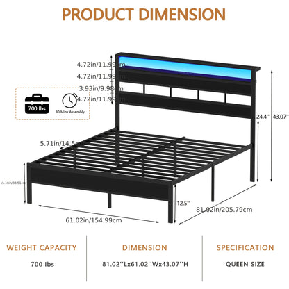 Queen Size Platform Bed Frame with RGB LED Lights, USB Charging Station & Storage Headboard, Modern Smart Bed with Under Bed Storage, Noise-Free, Easy Assembly