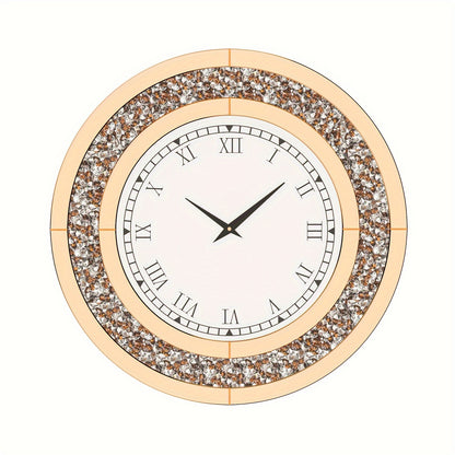 Decorative Wall Clock Round Mirror Clock with Crystal Crushed Diamond Mirrored Sparkle Bling Wall Clock for Glam Room Living Room, Bedroom Decor
