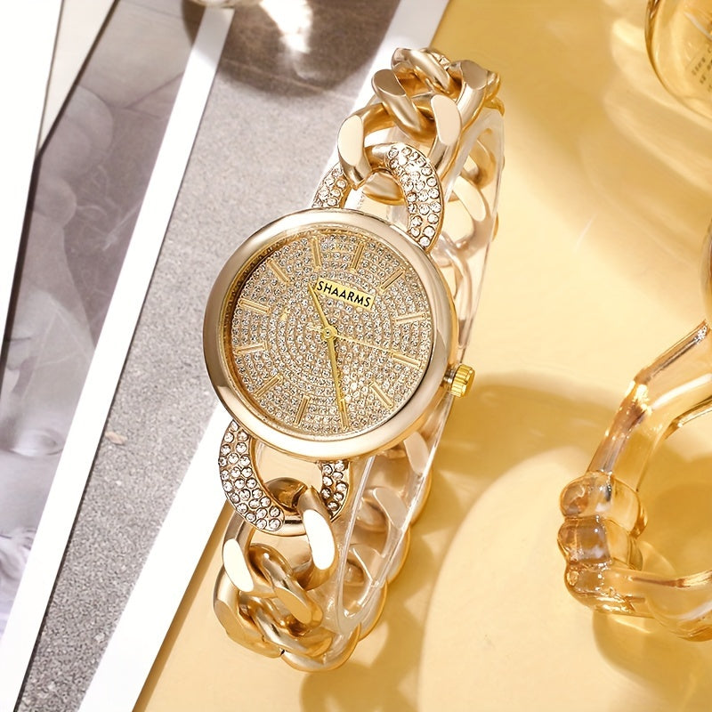 2 Pcs New Fashion Retro Golden Quartz Watch + Simple Rhinestone Bracelet Set, Classic Gift for Friends
