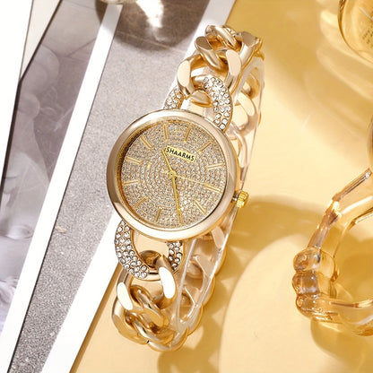 2 Pcs New Fashion Retro Golden Quartz Watch + Simple Rhinestone Bracelet Set, Classic Gift for Friends