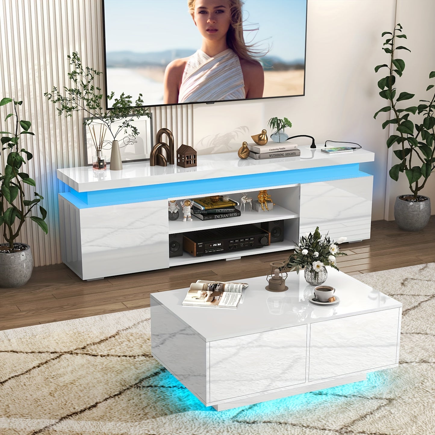 LED TV Stand For 85 Inch TV, Modern Gaming TV Stand With Power Outlet, High Gloss TV Console Entertainment Center With Storage And LED Lights For Living Room, Bedroom