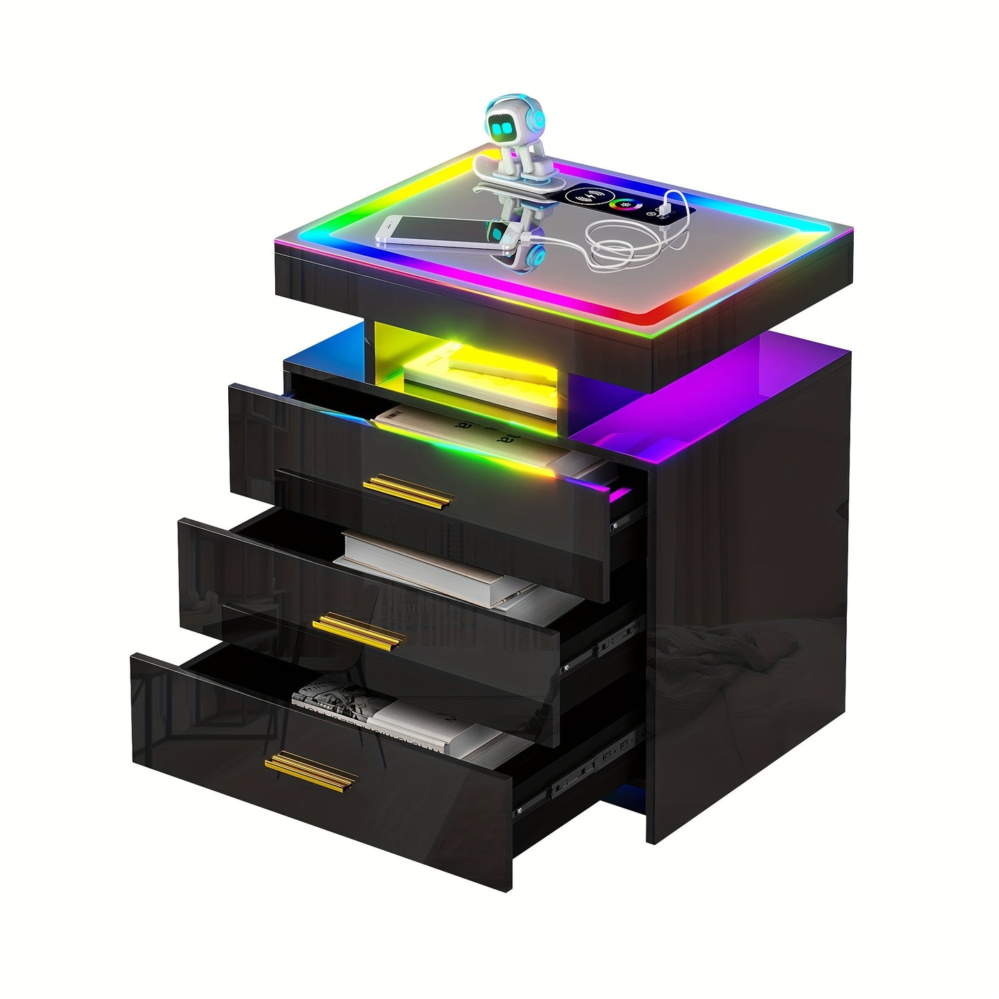 Lvifur High Gloss Nightstand With Wireless Charging Station, Smart Night Stand With RGB Dynamic Lighting, Modern Bed Side Table With Drawers Sliding Tray, Glass Tabletop