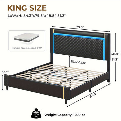 King Size Bed Frame With Tall Headboard PU Leather Platform Bed With LED Lights & Adjustable Headboard Black