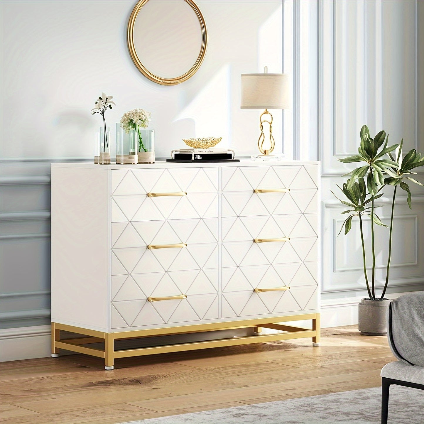 6-Drawer Dresser TV Stand - Wood Chest with Metal Handles
