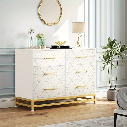 6-Drawer Dresser TV Stand - Wood Chest with Metal Handles