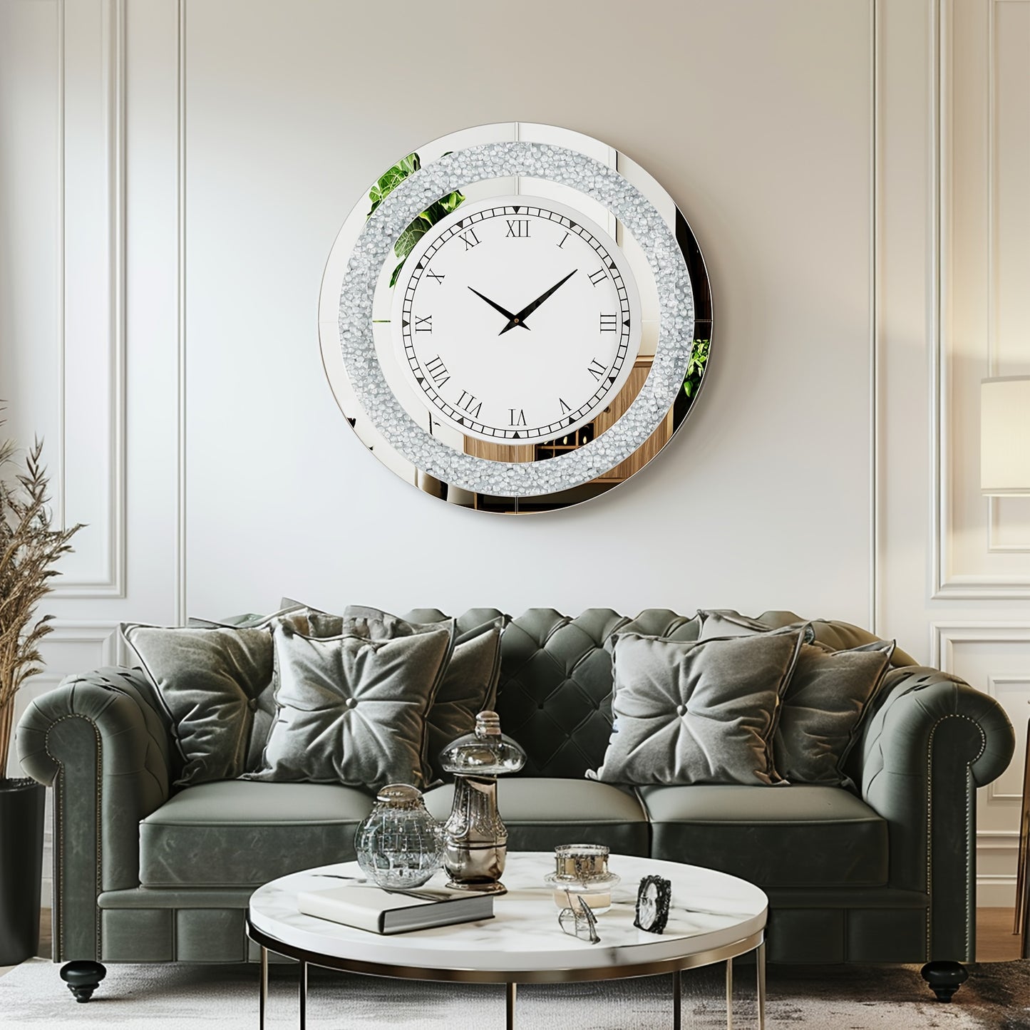 Decorative Wall Clock Round Mirror Clock with Crystal Crushed Diamond Mirrored Sparkle Bling Wall Clock for Glam Room Living Room, Bedroom Decor