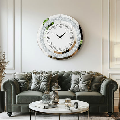 Decorative Wall Clock Round Mirror Clock with Crystal Crushed Diamond Mirrored Sparkle Bling Wall Clock for Glam Room Living Room, Bedroom Decor