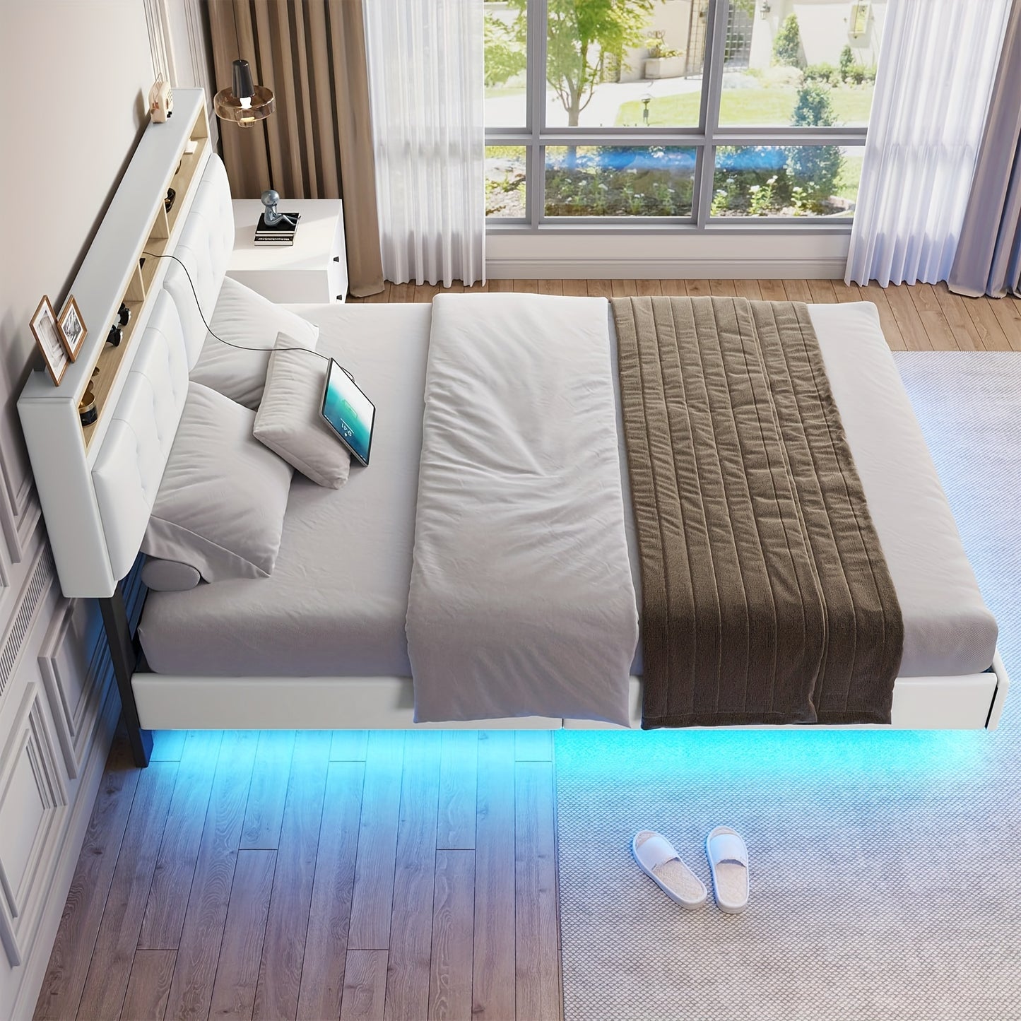 Queen Size Floating Bed Frame With LED Lights And Charging Station, Modern Queen Size Visible Floating Platform Bed Frame With Storage Headboard, White