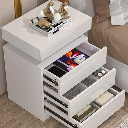 Nightstand with LED Lights, 3 Drawers and 1 Flapping Top Storage Box, White Night Stand for Bedroom, Modern Tall Bedside Table with High Gloss Panel, Glacier White, Darknight Black