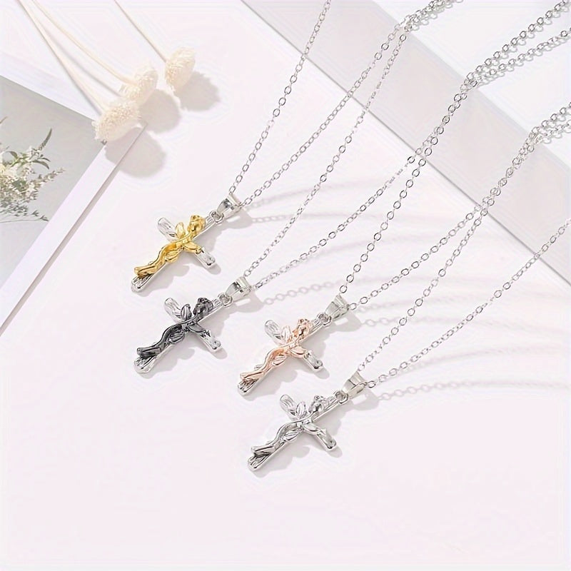 1pc Retro Cross With Rose Flower Pendant Necklace, Three Colors Options