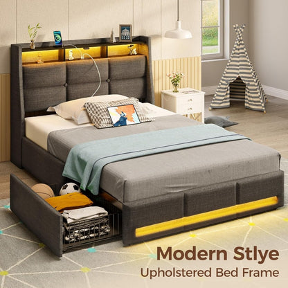 Twin Full Queen Bed Frame with LED Lighting, Built-in Charging Station, have RemotePU Leather/neutral-toned linen fabric Storage Headboard & Drawers,Heavy Duty Wood Slats, Quick & Easy Assembly - Perfect for Bedroom Furniture