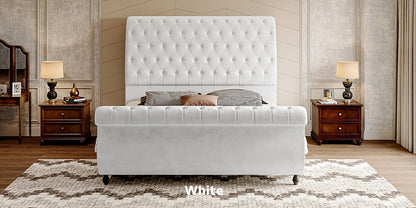 Elegant Velvet Sleigh Bed with Scrolled Headboard & Footboard - Button-Tufted, No Box Spring Needed