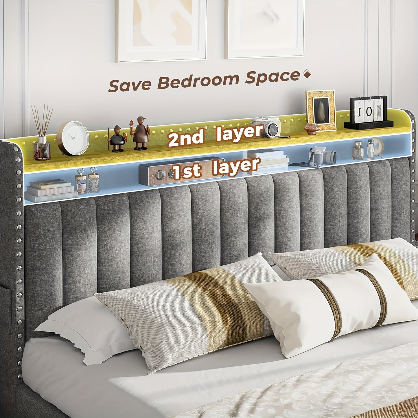 ENHOMEE King Size Upholstered Storage Bed with 3 Drawers & 2-Tier Nightstand Shelves - Modern Platform Bed Frame, Quick Assembly, Metal Frame, Contemporary Style