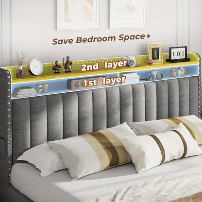 ENHOMEE King Size Upholstered Storage Bed with 3 Drawers & 2-Tier Nightstand Shelves - Modern Platform Bed Frame, Quick Assembly, Metal Frame, Contemporary Style