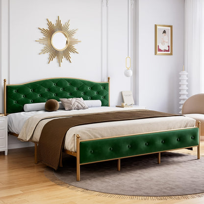 Full, Queen, King, White, Blue, Green, Senfot Bed Frame, Velvet Upholstered Platform Bed With Button Tufted Headboard, Heavy Duty Mattress Foundation With Solid Wood Slats Support, No Box Spring Needed