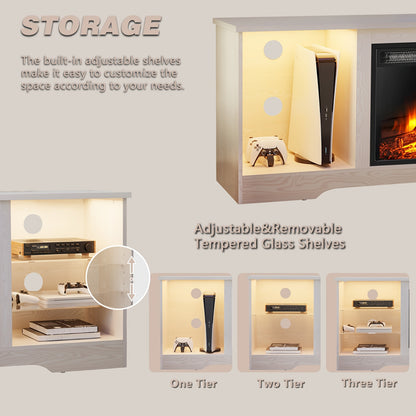 OFIKA 58 Inches Fireplace TV Stand for TVs up to 65 Inches Console with 18'' Electric Fireplace & Remote, Wooden Modern Entertainment Center for Living Room with LED Light Glass Shelves