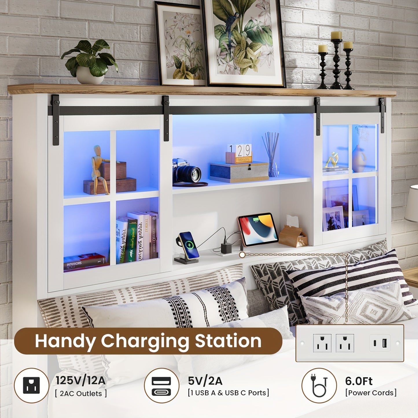 Farmhouse Queen Size Bed Frame with Bookcase Headboard Platform Bed Frames with LED Lights & Charging Station, Queen Storage Bed with Sliding Barn Door, Noiseless, White