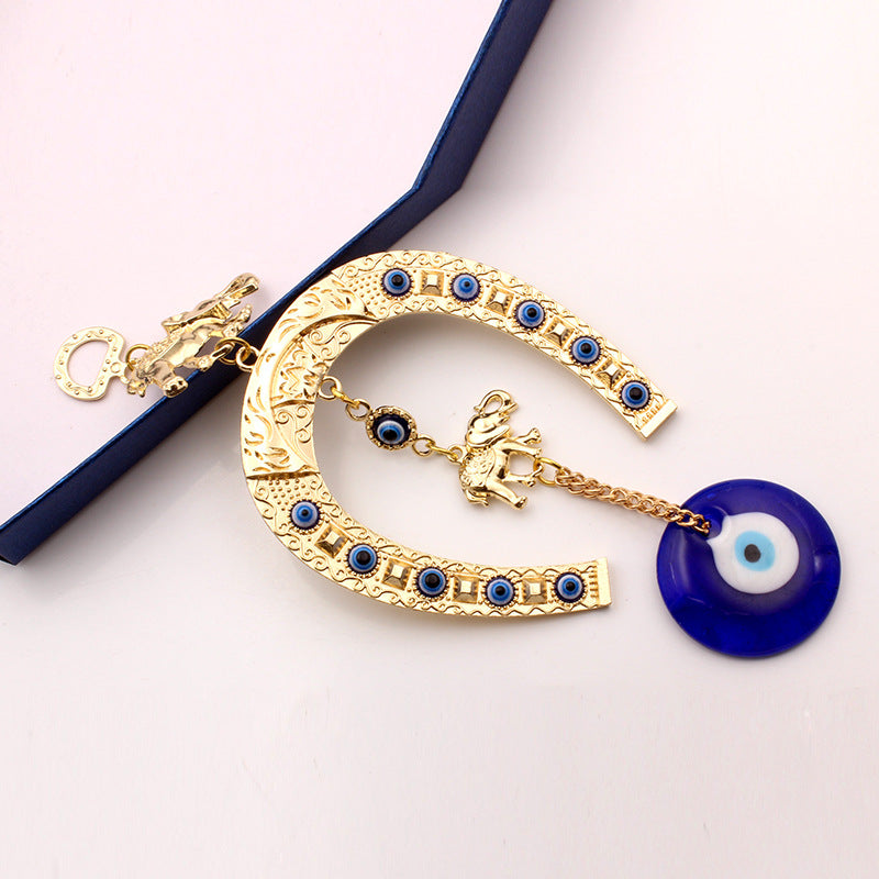 1pc Turkish Blue Eye Horseshoe With Elephant And Ribbon Wall Hanging Amulet Ethnic Lucky Gift Pendants Home Car Hanging Decorations