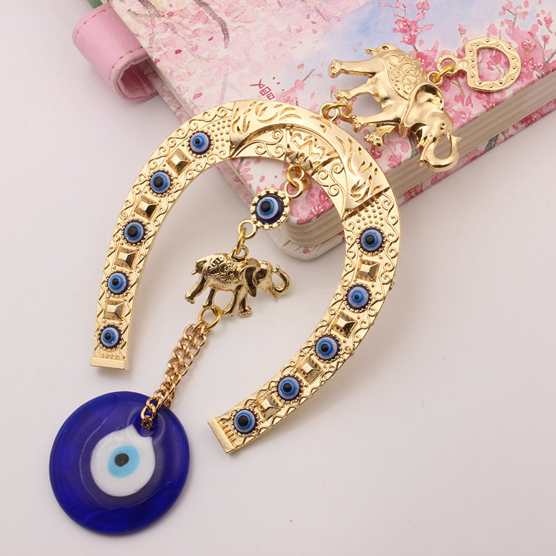 1pc Turkish Blue Eye Horseshoe With Elephant And Ribbon Wall Hanging Amulet Ethnic Lucky Gift Pendants Home Car Hanging Decorations