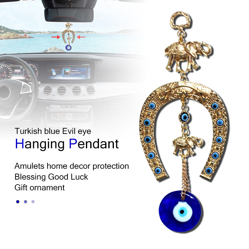 1pc Turkish Blue Eye Horseshoe With Elephant And Ribbon Wall Hanging Amulet Ethnic Lucky Gift Pendants Home Car Hanging Decorations