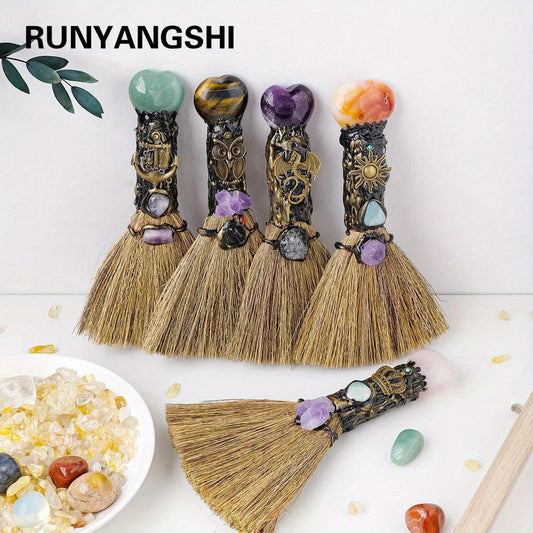 1PC Natural Crystal Heart Shaped Magic Broom - Quartz Witch Broom Reiki Gemstone For Cleansing