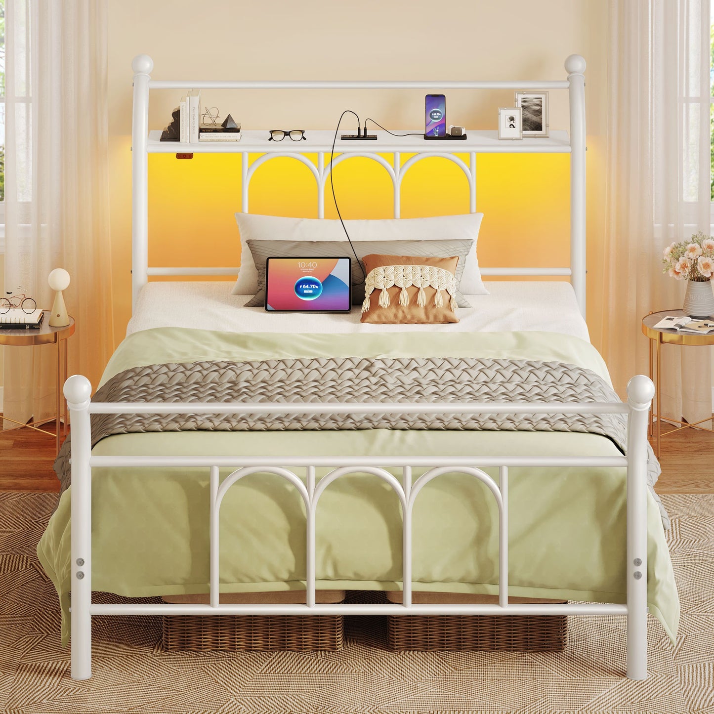 Classic Metal Platform Bed Frame with Victorian Style Iron-Art Headboard/Footboard/Under Bed Storage/No Box Spring Needed