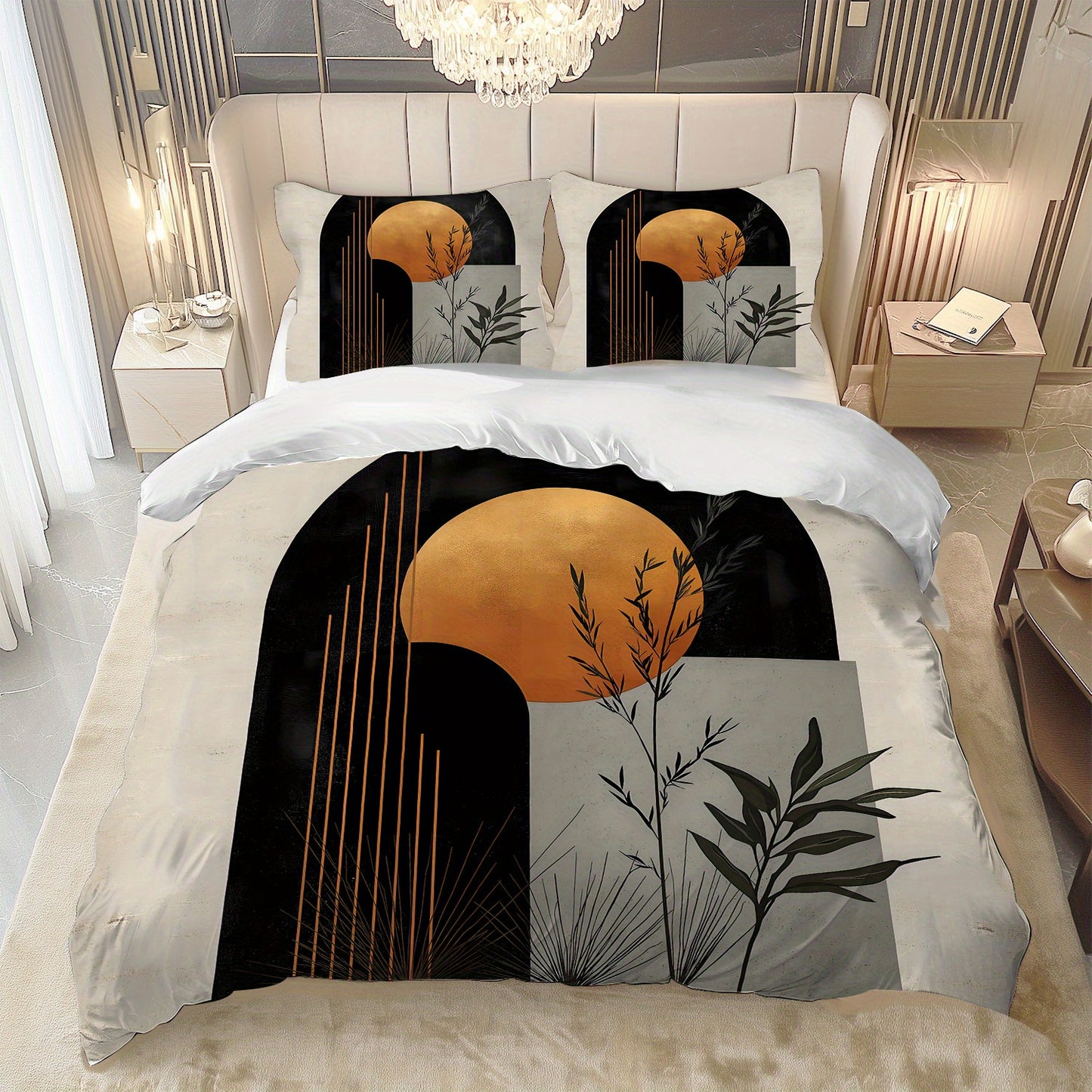 Latacaca 3pcs Modern Geometric Botanical Duvet Cover Set, 1 Quilt Cover + 2 Pillowcases, All Seasons Bedroom Setting, Perfect for Home and Dorm Decor, Soft and Machine Washable