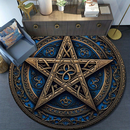 1pc Gothic Pentagram Knitted Polyester Round Area Rug - Non-Slip, Non-Shedding, Hand Washable Mat for Bedroom, Living Room, Office, Nursery - 800gsm, 0.16inch Thick Indoor Home Decor Carpet