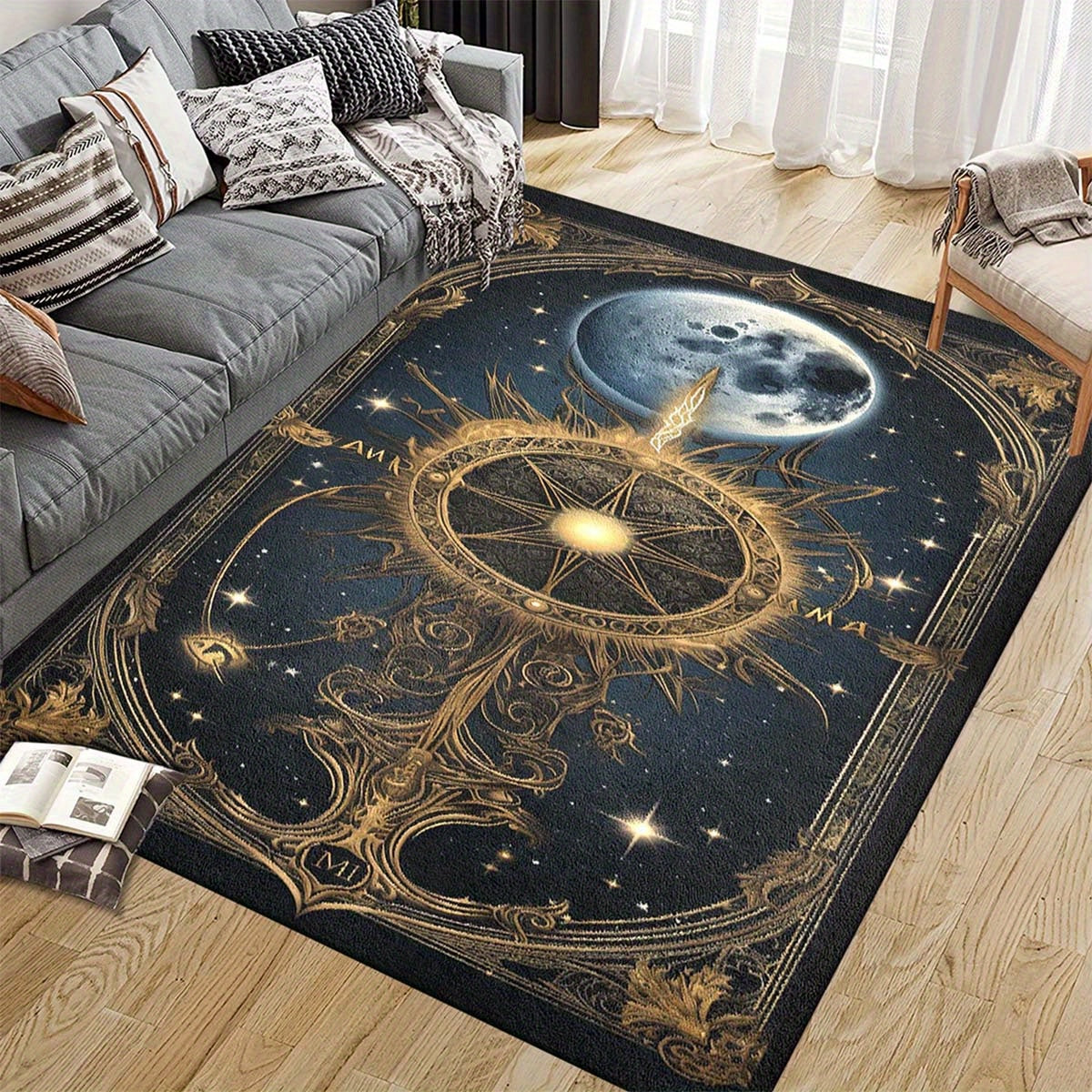 1pc Astrology Tarot Card Design Area Rug - Soft Polyester, Non-Slip, Machine Washable, Versatile for Living Room, Bedroom, Office, Home Decor, Indoor Use - Celestial Star and Moon Pattern