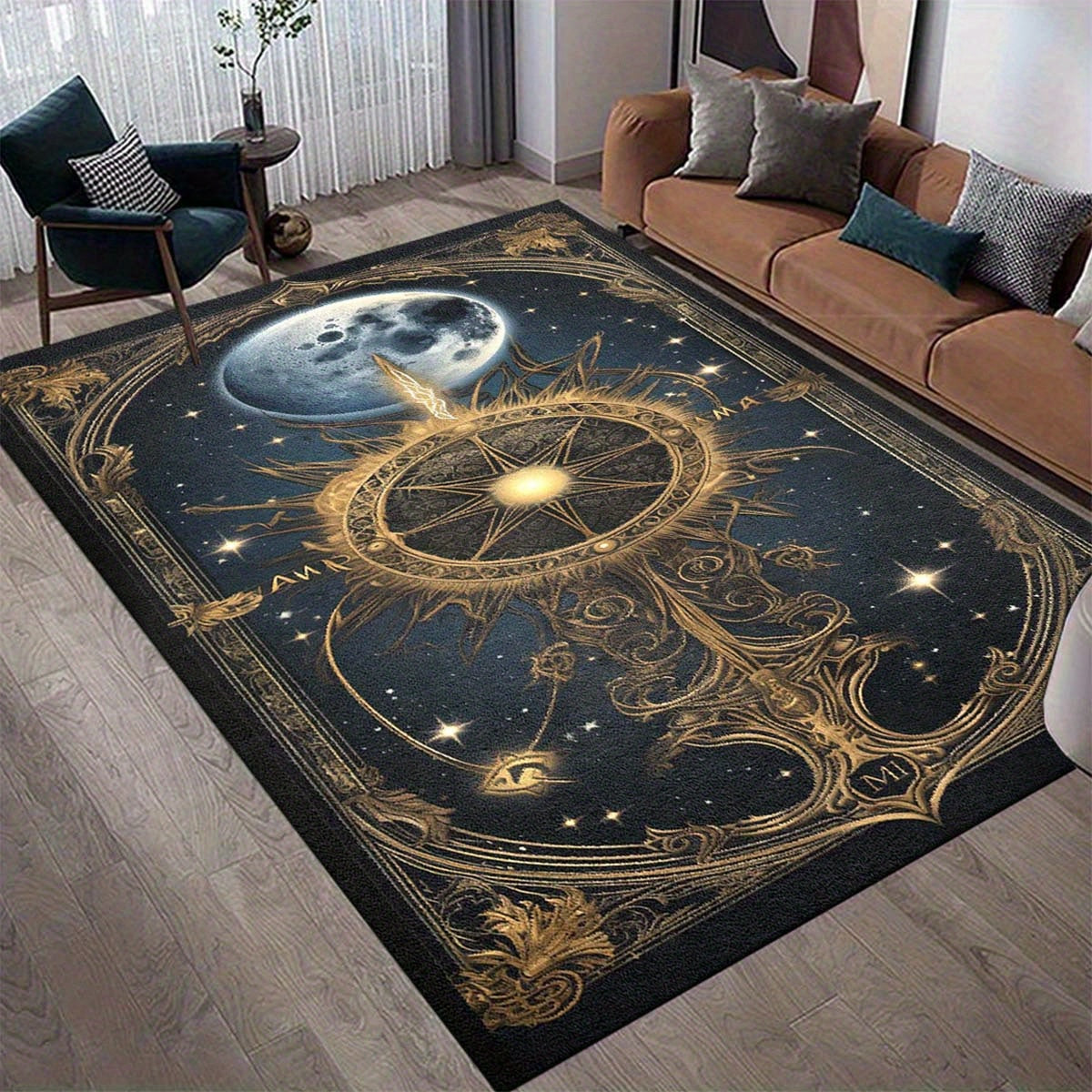 1pc Astrology Tarot Card Design Area Rug - Soft Polyester, Non-Slip, Machine Washable, Versatile for Living Room, Bedroom, Office, Home Decor, Indoor Use - Celestial Star and Moon Pattern