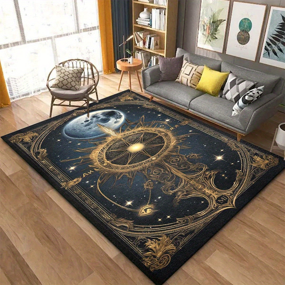 1pc Astrology Tarot Card Design Area Rug - Soft Polyester, Non-Slip, Machine Washable, Versatile for Living Room, Bedroom, Office, Home Decor, Indoor Use - Celestial Star and Moon Pattern