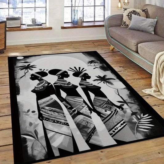 African Women Print Non-Slip Polyester Area Rug - 800g/m² Crystal Velvet, 1pc Large Size Floor Mat for Home, Living Room, Bedroom, Dorm, Garden Decor - Durable Chair Carpet with Anti-Skid Backing