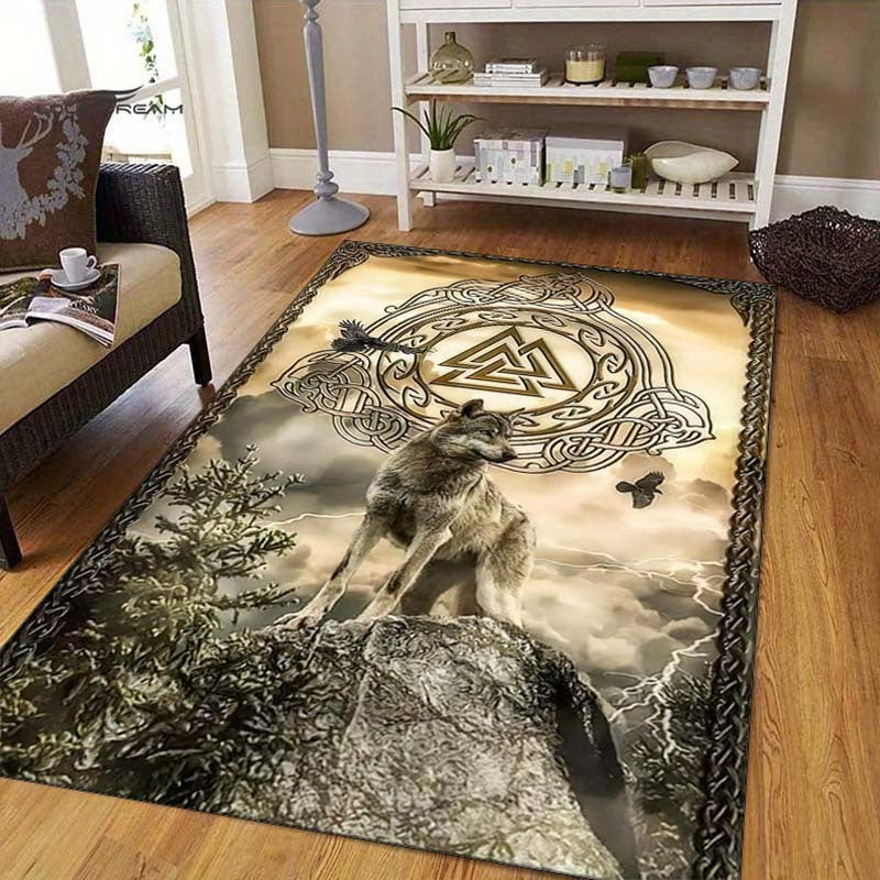 Viking Wolf Crystal Velvet Area Rug - 800G/M² Large Size