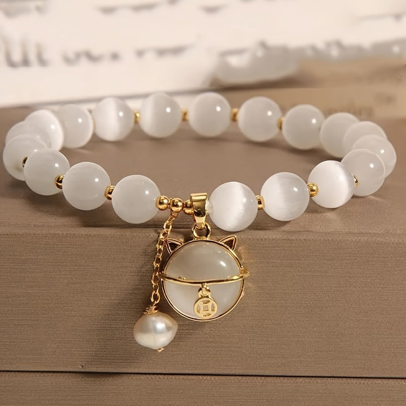 1Pc Fashionable Opal Beaded Bracelet With Cat Pendant For Men Women