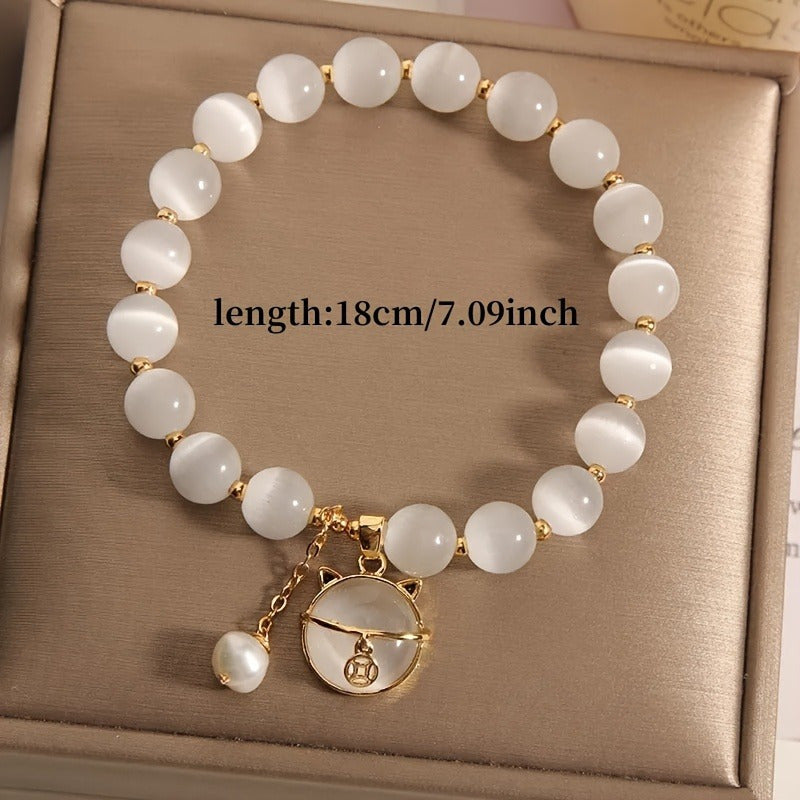 1Pc Fashionable Opal Beaded Bracelet With Cat Pendant For Men Women