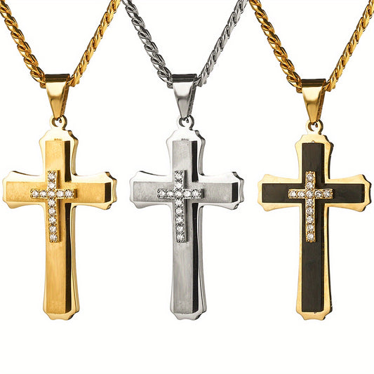 1pc Stainless Steel Men's Layered Cross Pendant Necklace With Zirconia, Fashion Jewelry, Religious Charm