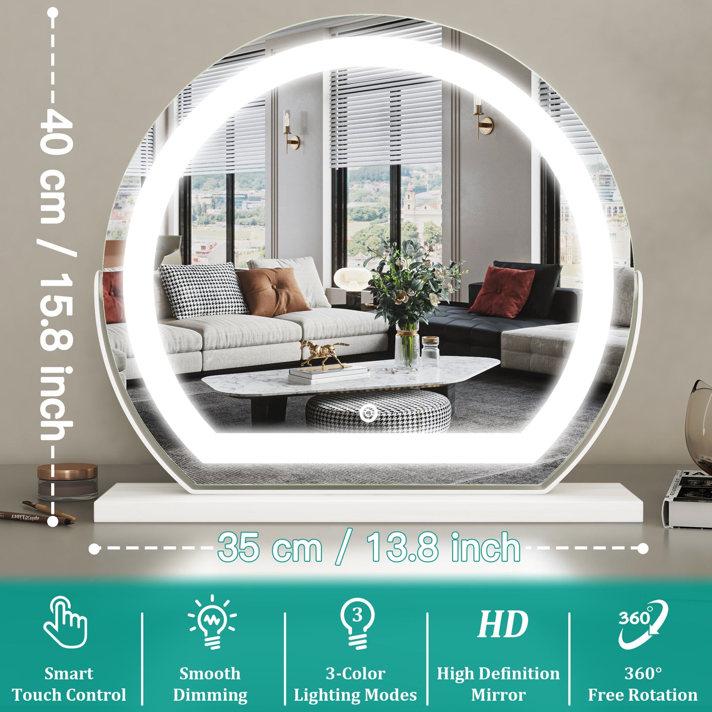 17 x 15 Large LED Vanity Mirror with Smart Touch, 3 Dimmable Light Modes, 360° Rotation, USB Powered, Ideal Gift for Festival, Family (White)