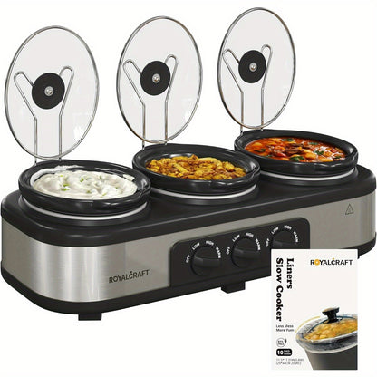 3-Pot Slow Cooker Buffet Server with 10 Cooking Liners - Triple Slow Cooker Food Warmer for Parties - Adjustable Temperature - 4.5 QT - Ideal for Large Gatherings & Family Dinners