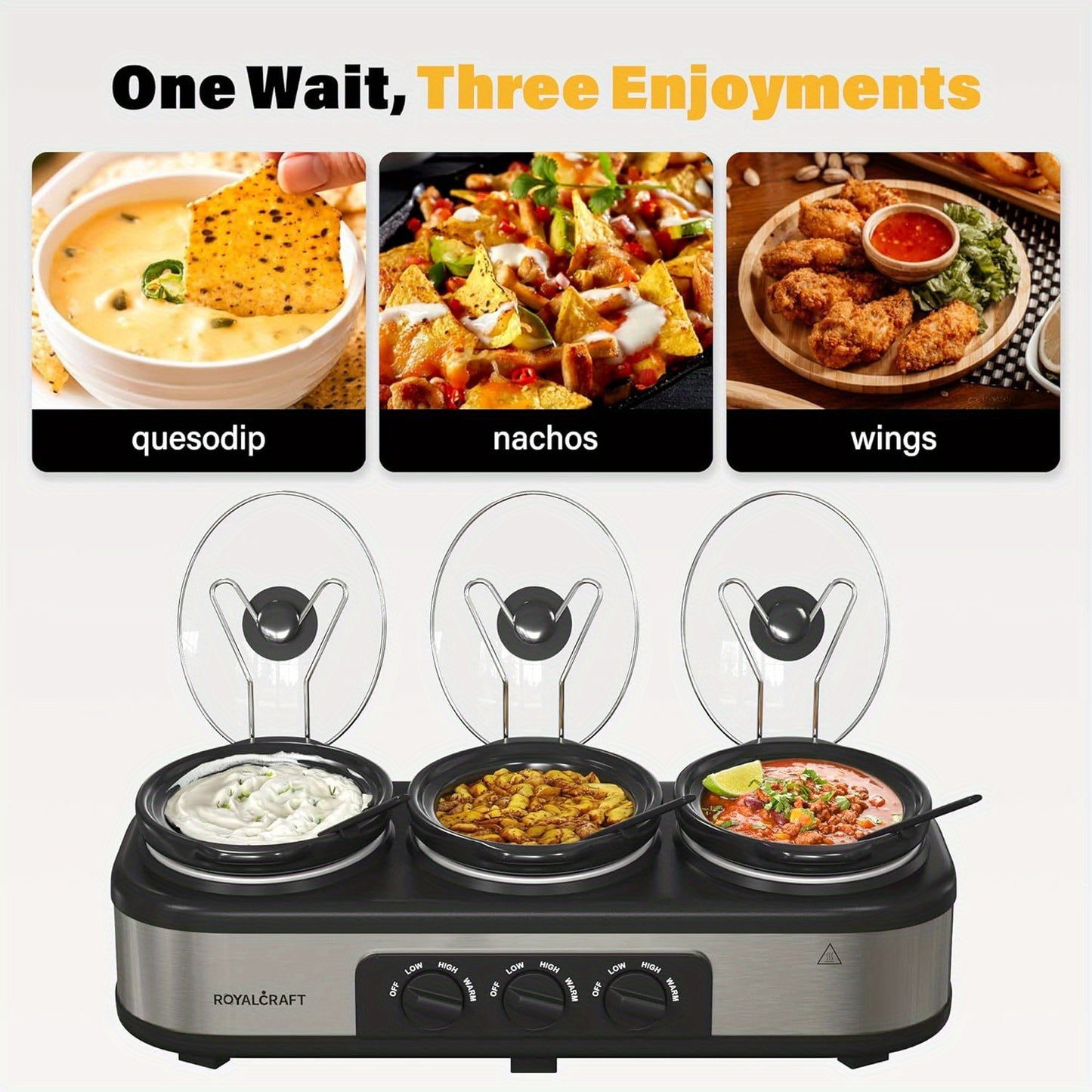 3-Pot Slow Cooker Buffet Server with 10 Cooking Liners - Triple Slow Cooker Food Warmer for Parties - Adjustable Temperature - 4.5 QT - Ideal for Large Gatherings & Family Dinners