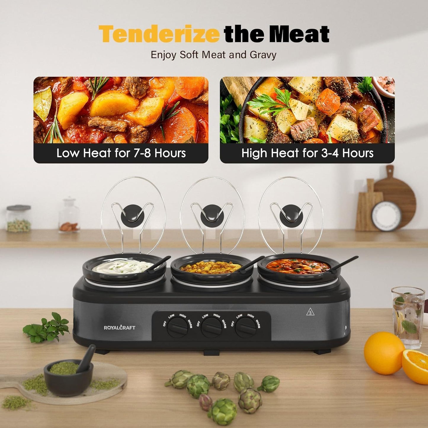 3-Pot Slow Cooker Buffet Server with 10 Cooking Liners - Triple Slow Cooker Food Warmer for Parties - Adjustable Temperature - 4.5 QT - Ideal for Large Gatherings & Family Dinners