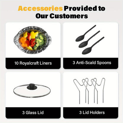 3-Pot Slow Cooker Buffet Server with 10 Cooking Liners - Triple Slow Cooker Food Warmer for Parties - Adjustable Temperature - 4.5 QT - Ideal for Large Gatherings & Family Dinners