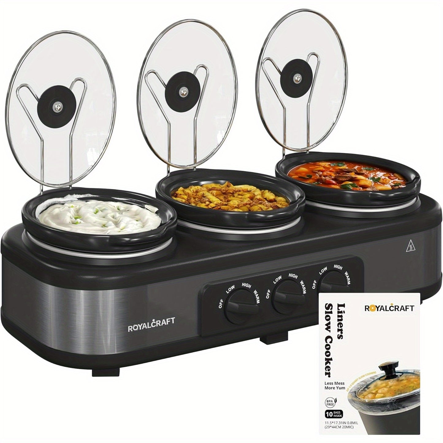 3-Pot Slow Cooker Buffet Server with 10 Cooking Liners - Triple Slow Cooker Food Warmer for Parties - Adjustable Temperature - 4.5 QT - Ideal for Large Gatherings & Family Dinners
