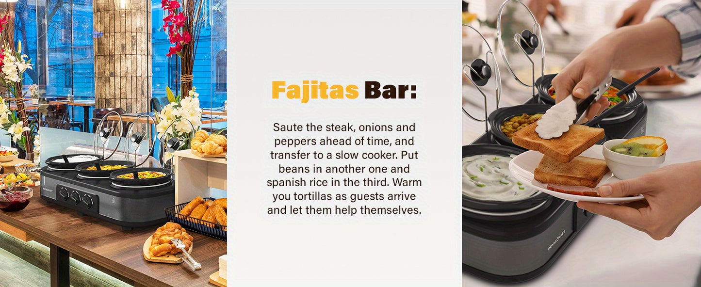 3-Pot Slow Cooker Buffet Server with 10 Cooking Liners - Triple Slow Cooker Food Warmer for Parties - Adjustable Temperature - 4.5 QT - Ideal for Large Gatherings & Family Dinners